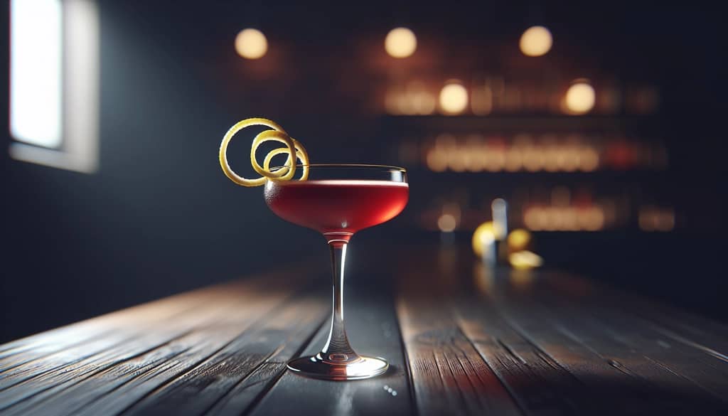 coupe glass with pomegranate cocktail and lemon twist