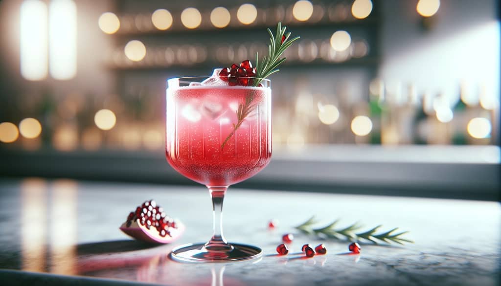 석류 씨와 로즈마리 가니시를 곁들인 석류 진 피즈