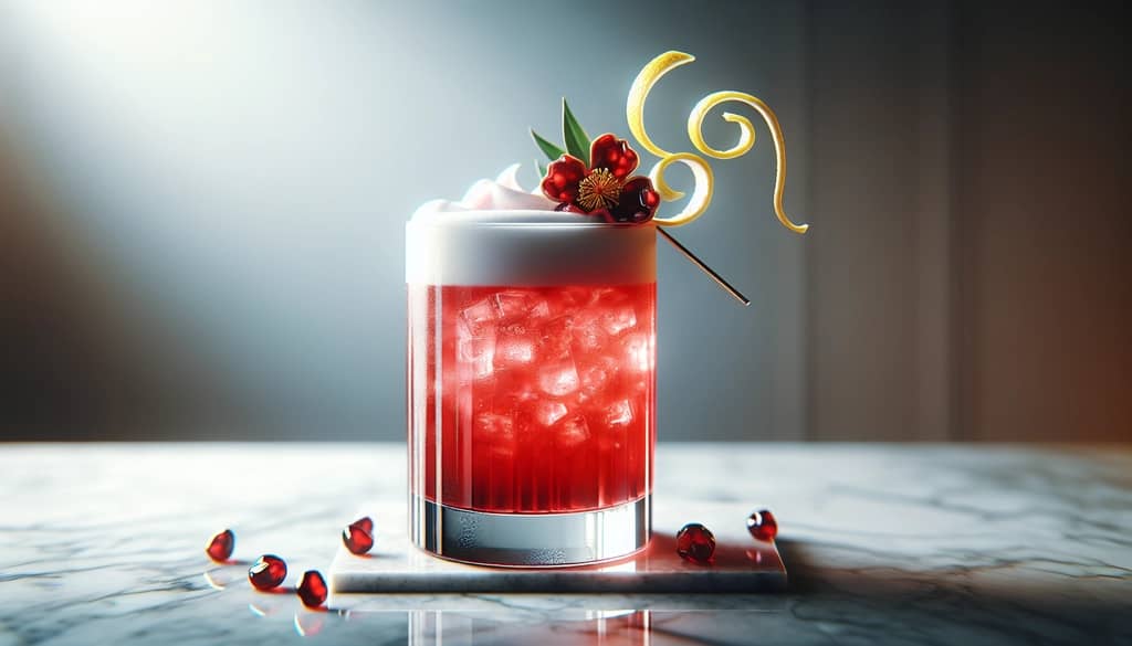 pomegranate gin fizz with lemon twist and edible flower on marble