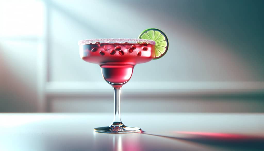 classic margarita glass filled with pomegranate margarita, lime wedge garnish