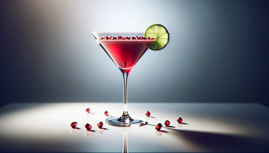 pomegranate martini in cocktail glass with lime wheel