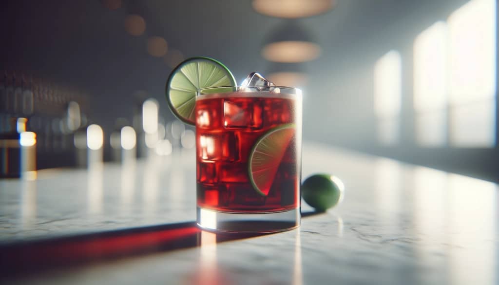 Port- und Tonic-Cocktail im hohen Glas mit Limette