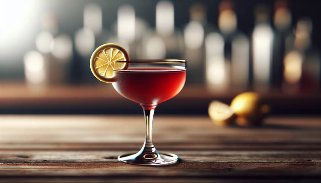 port sour cocktail in coupe glass with lemon garnish