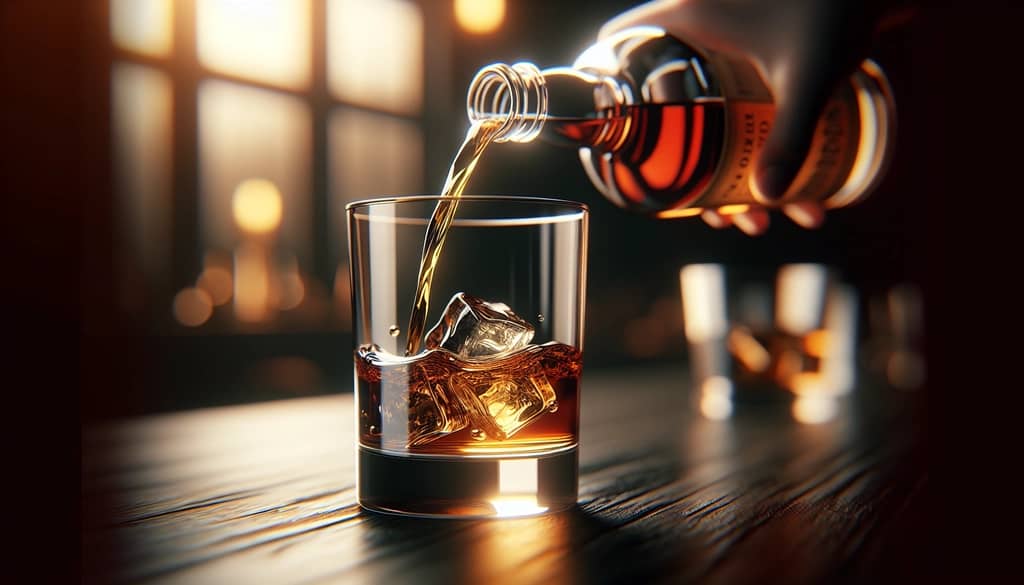 칵테일 잔에 버번을 붓는 중