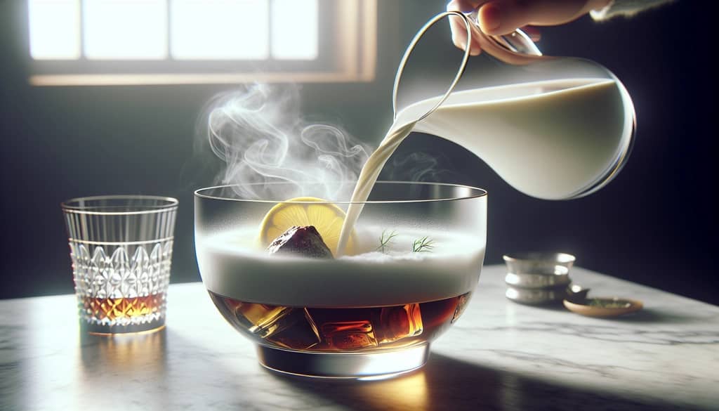 milk being poured into clarified bourbon milk punch mix