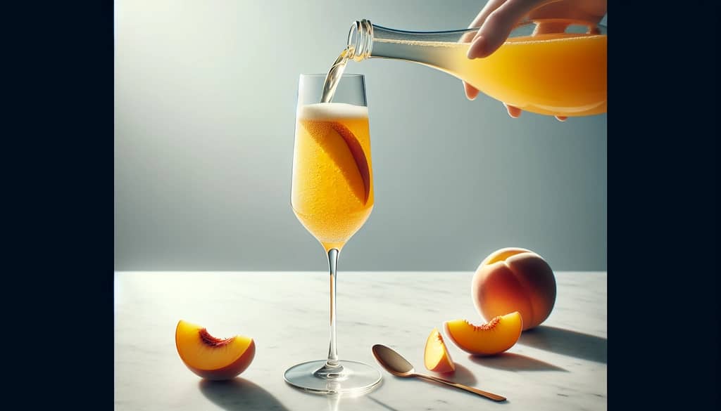 Peach mango mimosa being poured with bubbles