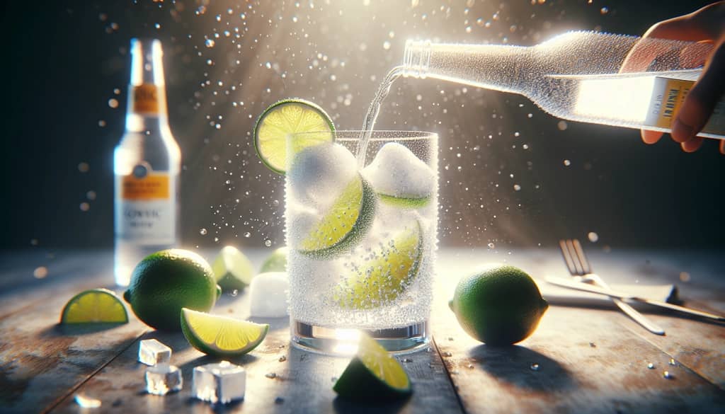 Pouring tonic water over ice and lime juice to make a non-alcoholic gin and tonic