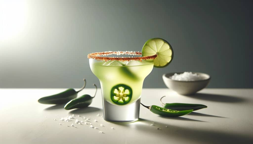 margarita picante servida en vaso escarchado con jalapeño limón fondo pulcro