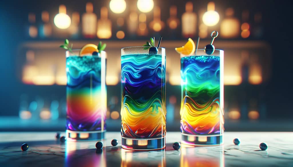 psychedelic cocktail variations with vibrant colors in layered glasses