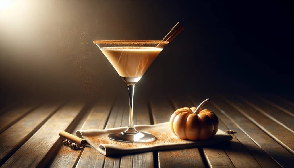 pumpkin spice martini in martini glass with cinnamon garnish