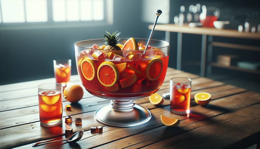 party punch bowl with ladle and fruit garnish