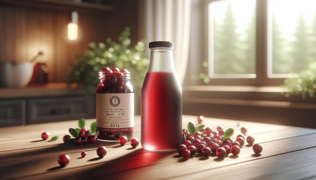 bottle of pure cranberry juice next to fresh cranberries