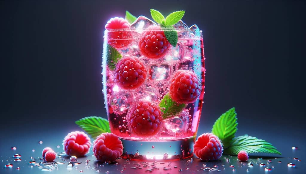 Raspberry gin fizz cocktail topped with fresh raspberries and a mint sprig for a refreshing finish