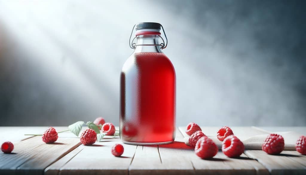 bottle of raspberry syrup next to fresh raspberries