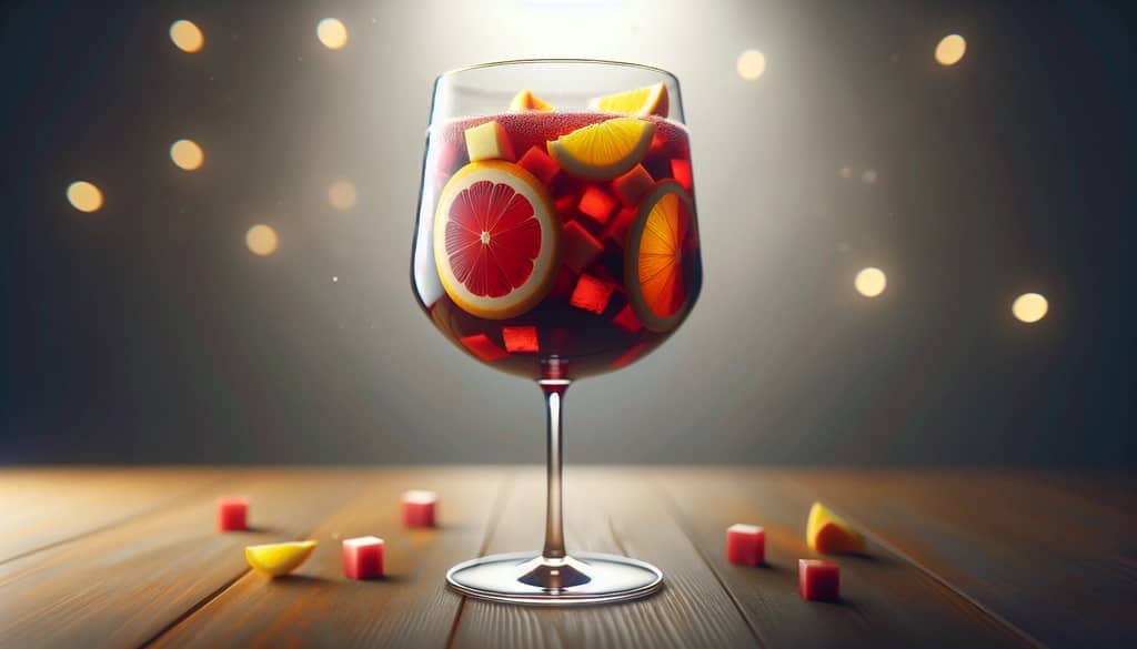 Red sangria glass with mixed citrus and apple garnish