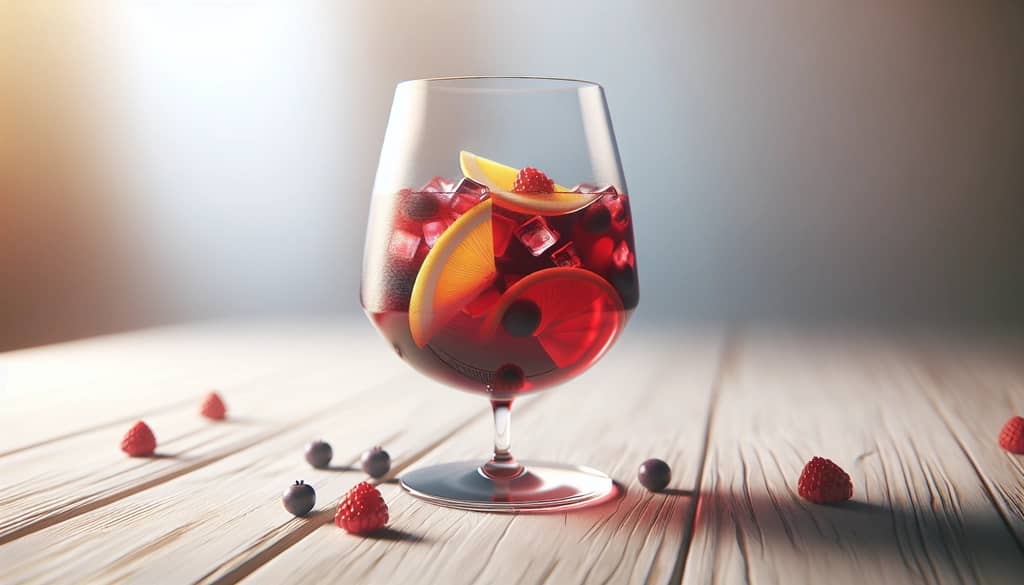 유리 피처에 담긴 감귤류와 베리가 들어간 레드 상그리아