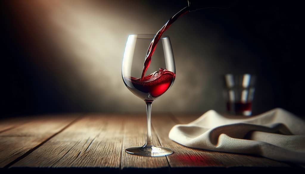 लकड़ी की सतह पर गहरे लाल रंग को दिखाते हुए एक ग्लास में लाल वाइन