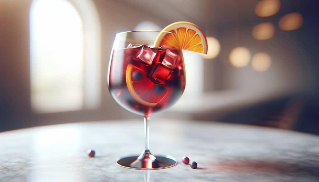 Glas Rotweinsangria mit Orangenscheibe und Beeren