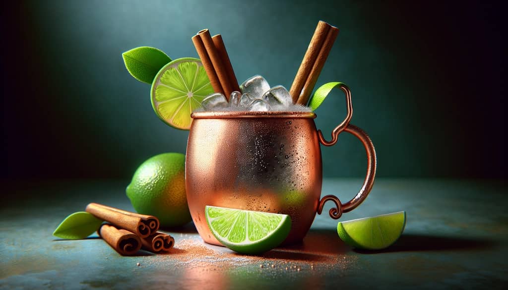 Refreshing Gingerbread Moscow Mule garnished with lime and cinnamon in a classic copper mug