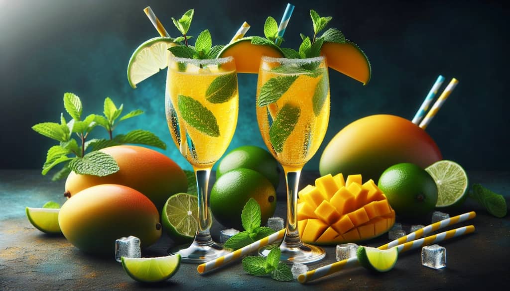 Refreshing non-alcoholic mango sparklers topped with fresh mint and lime.