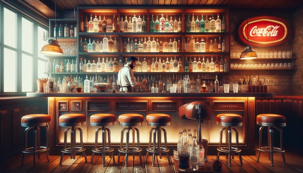 Retro-themed bar with vintage vodka and Coca-Cola bottles, highlighting the vodka and Coke's mid-century popularity.