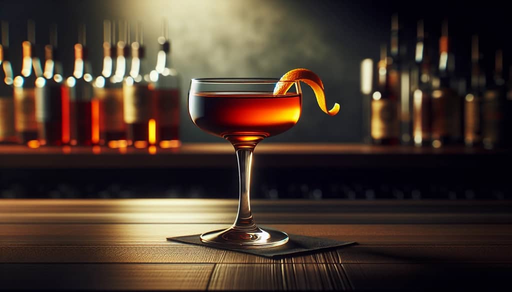 revolver cocktail with coffee liqueur in a coupe glass, orange twist garnish