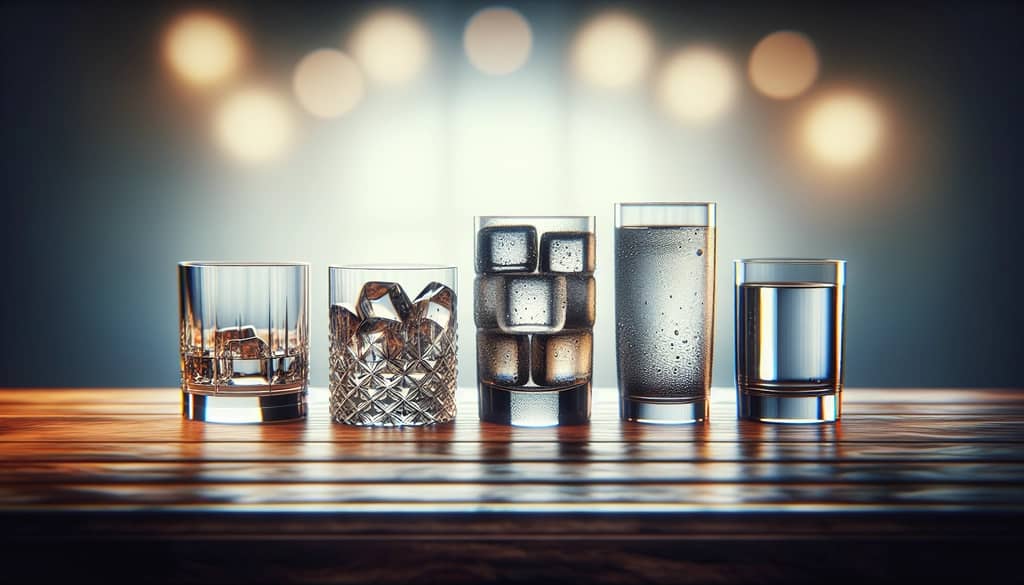 verschiedene Rocks-Gläser aus Glas, Kristall, Edelstahl und Kunststoff auf einer Holzoberfläche