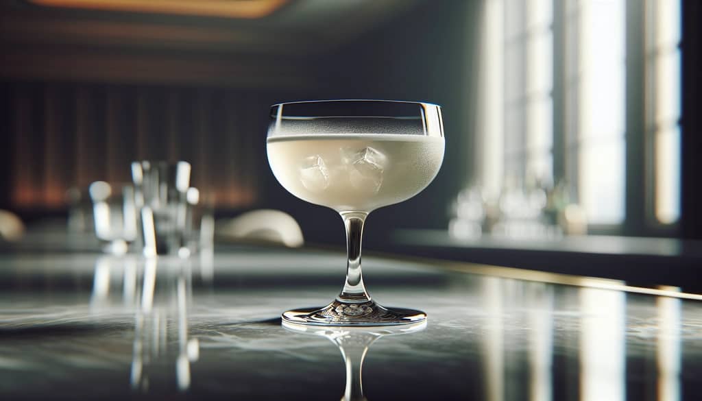 martini glass with rolled cocktail on ice