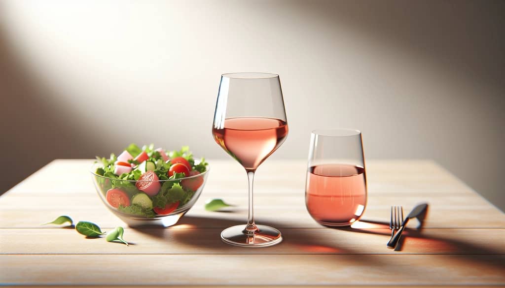 Rosé wine glass paired with a salad to illustrate balanced eating
