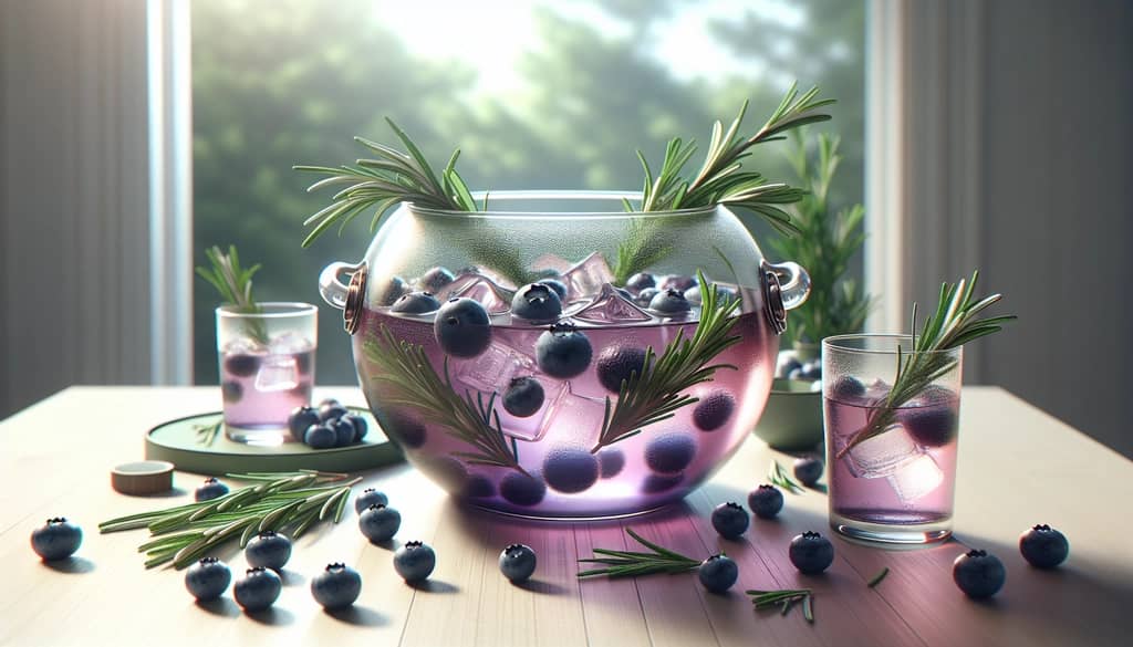 rosemary blueberry smash punch bowl party setup