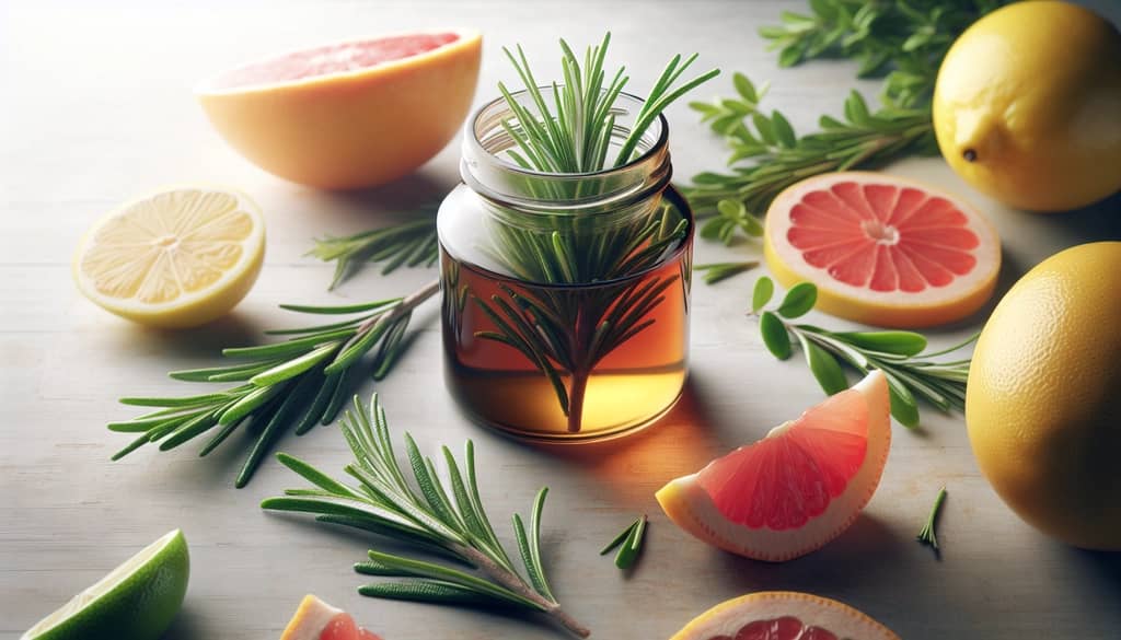 fresh rosemary next to citrus and syrup