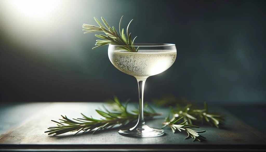 rosemary french 75 in coupe glass with rosemary garnish