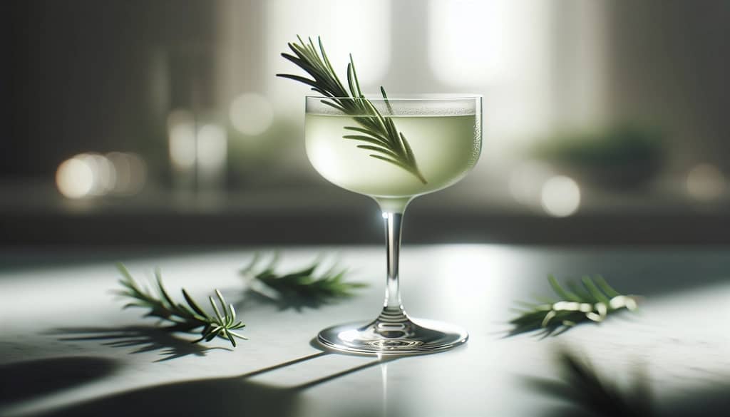 Rosmarin-Gimlet in einem Coupé-Glas mit Rosmarinzweig