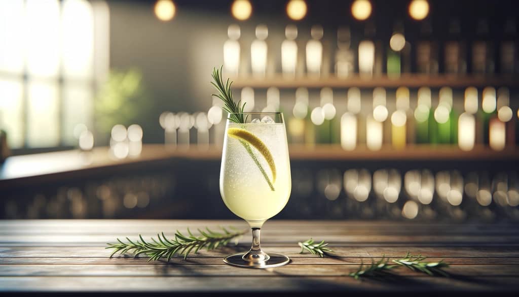 rosemary lemon fizz in tall glass with rosemary