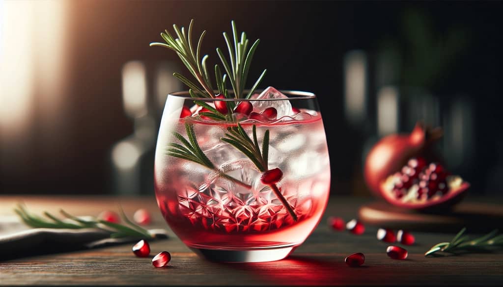 rosemary and pomegranate seeds garnishing a cocktail glass