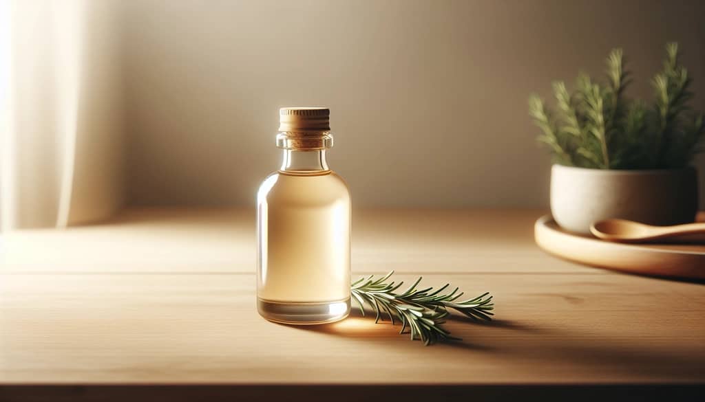 rosemary simple syrup in glass bottle with rosemary sprig