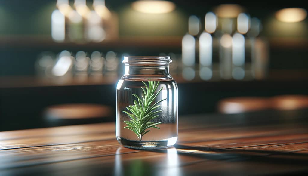 rosemary sprigs infusing in clear spirit in glass jar