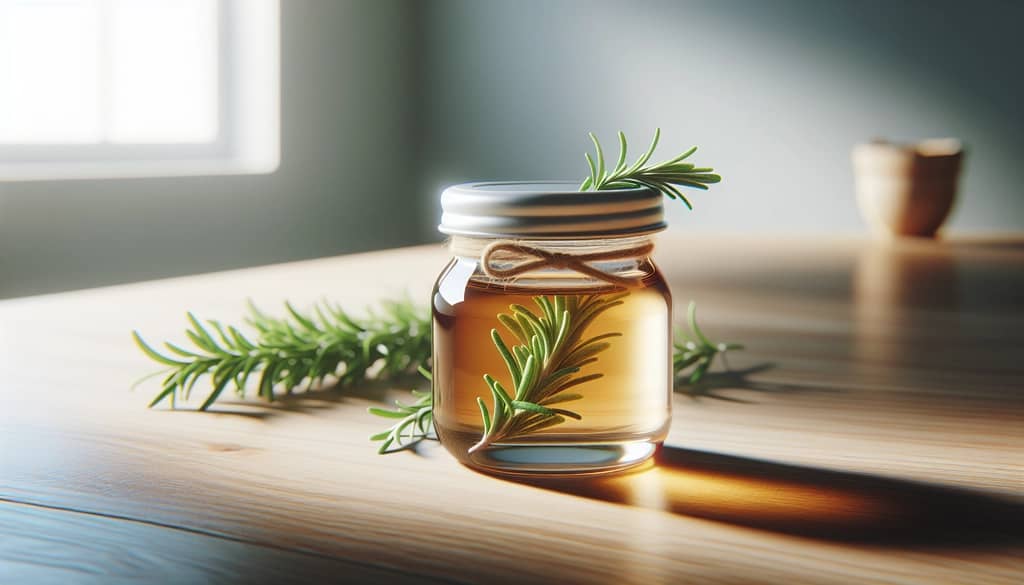 homemade rosemary syrup in small glass jar with sprig
