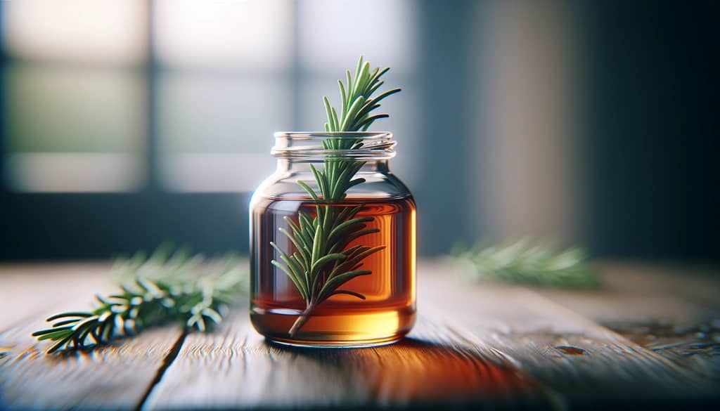 rosemary syrup in clear jar with rosemary sprig
