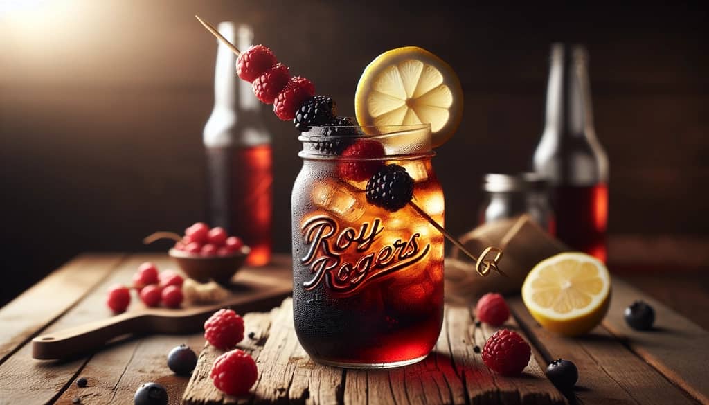 roy rogers drink in mason jar with fruit skewer garnish