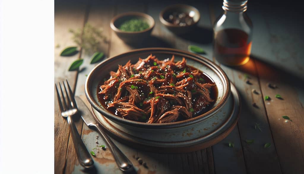 rum and coke pulled pork in a serving bowl