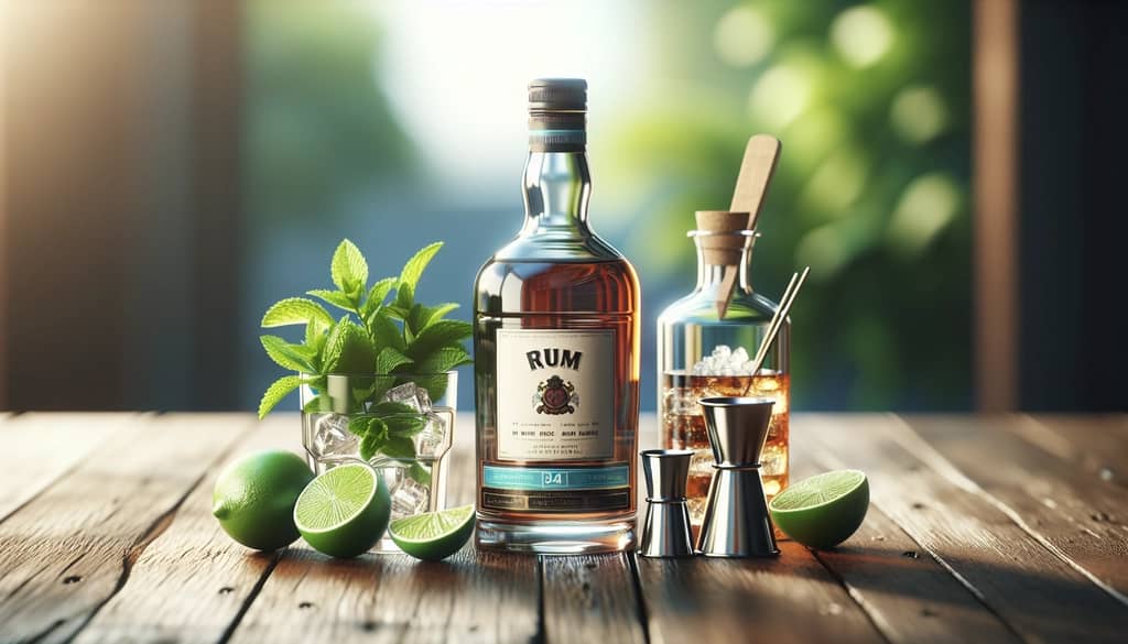 bottle of rum and fresh ingredients for a summer cocktail