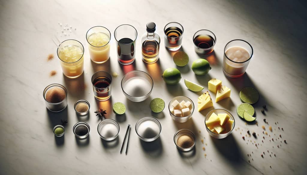 ingredients for rum punch formula on marble surface