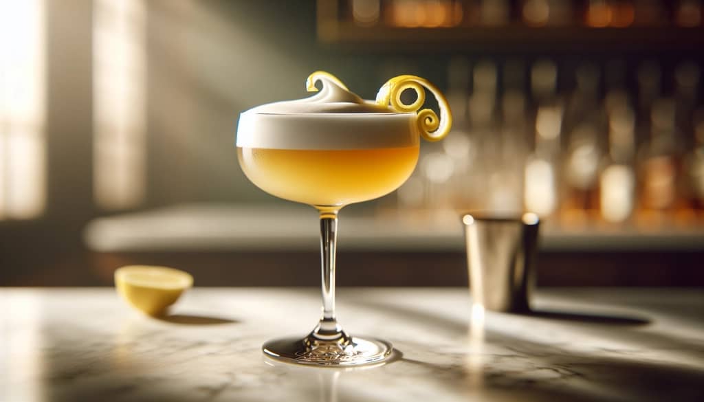 Rum sour cocktail in coupe glass with lemon