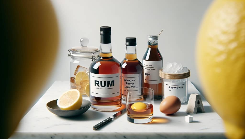 Rum sour cocktail ingredients on marble