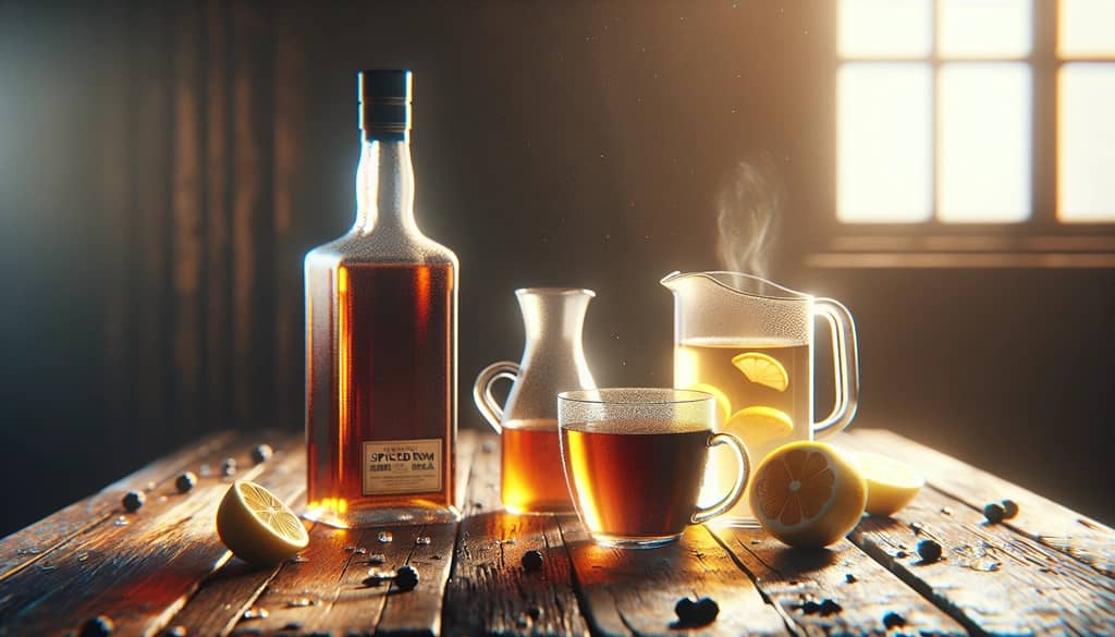 rum bottle and tea with lemon for hot toddy ingredients