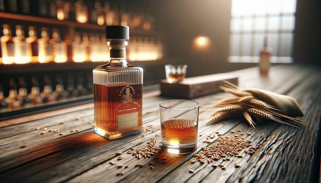 अनाज और एक गिलास के साथ राय व्हिस्की की बोतल