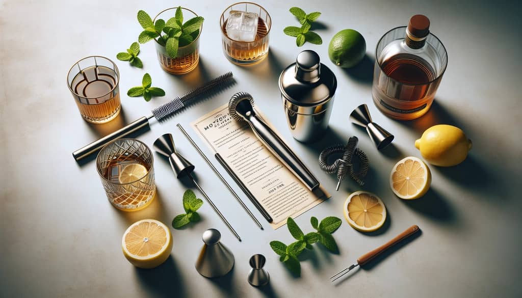 bar tools with rye whiskey smash ingredients