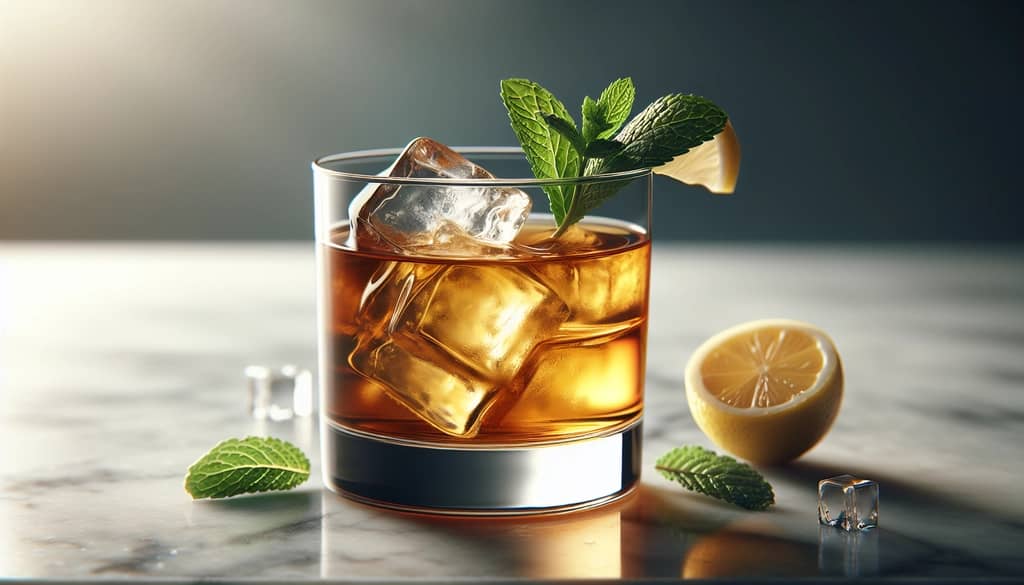 rye whiskey smash cocktail in rocks glass with mint and lemon