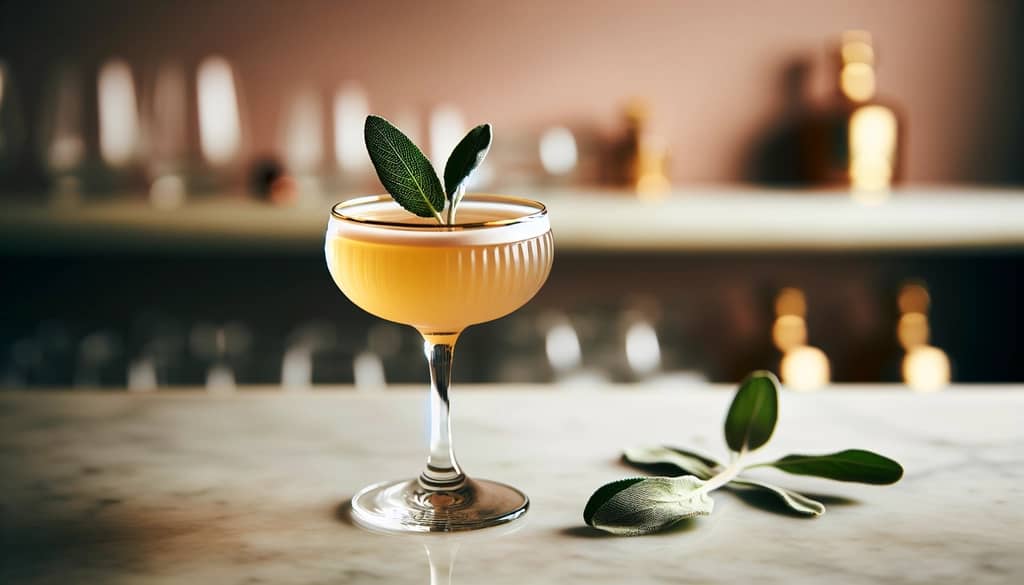 Sage Bee's Knees Cocktail im Coupe-Glas mit Salbeiblatt